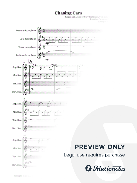 Chasing Cars by Snow Patrol - Saxophone quartet (SATB)