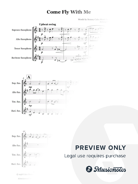 Come Fly With Me by Frank Sinatra - Saxophone quartet (SATB)