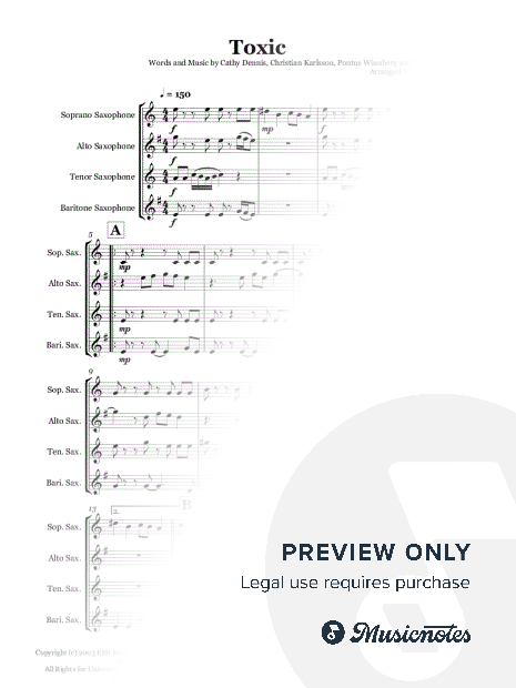 Toxic by Britney Spears - Saxophone quartet (SATB)