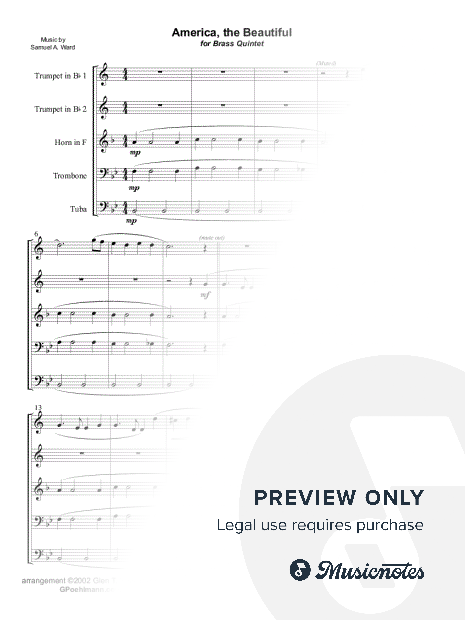 AMERICA THE BEAUTIFUL - BRASS QUINTET (unaccompanied) w/optional Trombone 2