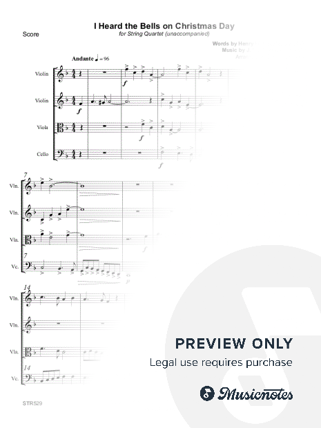 I HEARD THE BELLS ON CHRISTMAS DAY - unaccompanied STRING QUARTET