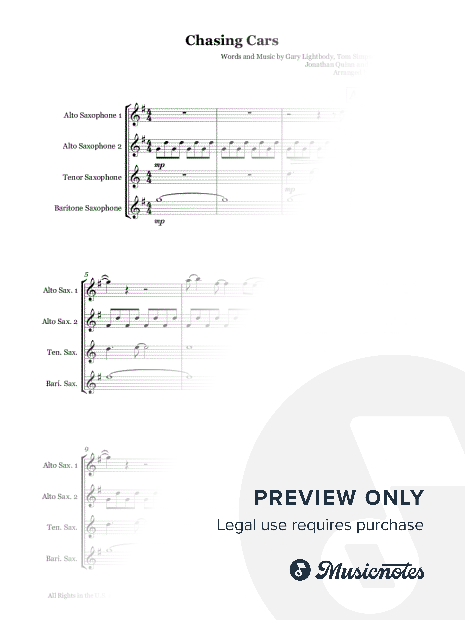 Chasing Cars by Snow Patrol - Saxophone quartet (AATB)
