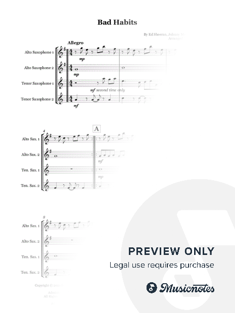 Bad Habits by Ed Sheeran - Saxophone quartet (AATT)