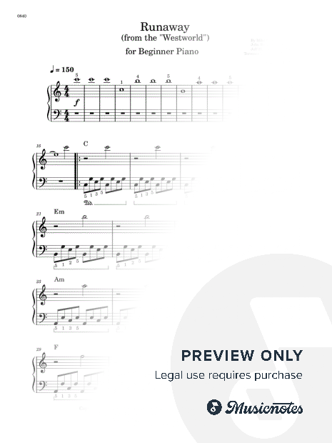 Runaway - Easy Piano - W/Chords (Full Score)