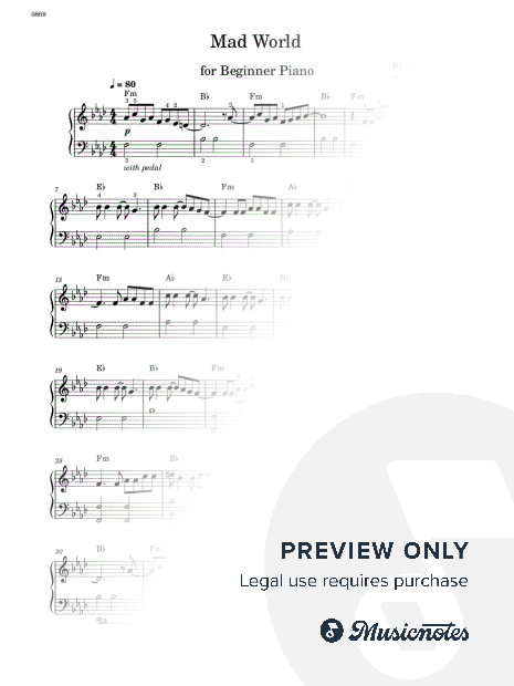 Mad World - Easy Piano - W/Chords (Full Score)