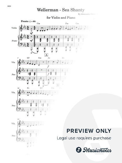 Wellerman - Violin and Piano - W/Chords (Full Score and Parts)