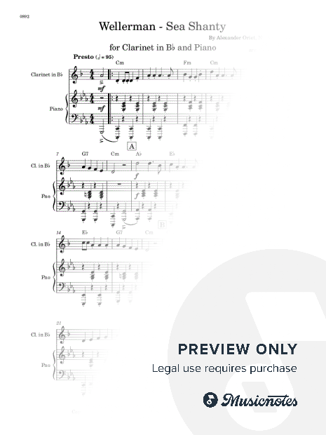 Wellerman - Bb Clarinet and Piano - W/Chords (Full Score and Parts)