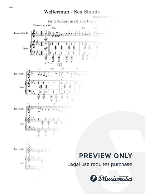 Wellerman - Bb Trumpet and Piano - W/Chords (Full Score and Parts)