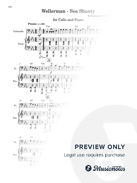 Wellerman - Cello and Piano - W/Chords (Full Score and Parts)