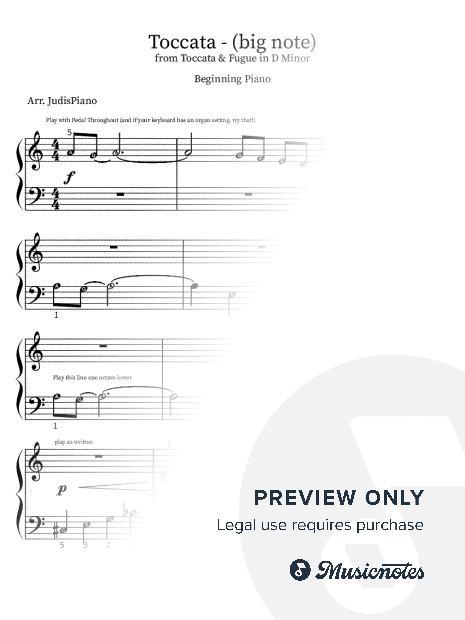 Toccata and Fugue in 3 levels - Piano/Keyboard Solo - J.S. Bach