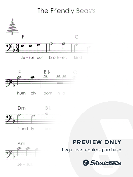 The Friendly Beasts I Sheet Music with Letters Chords Lyrics for Beginners