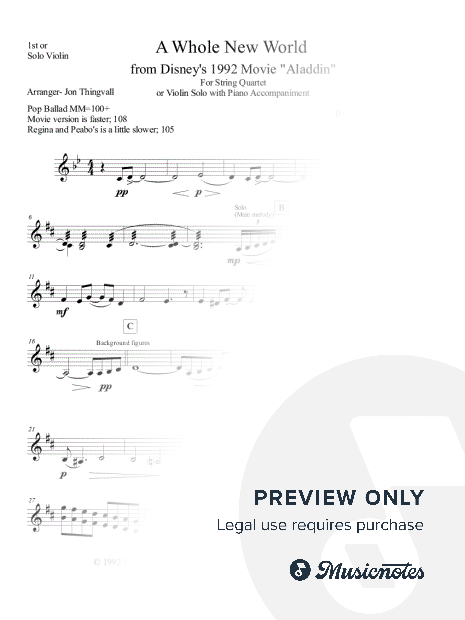 A Whole New World, From Disney's 1992 Aladdin, Violin Solo and Piano accompaniment, consists of movie version and Peabo Bryson/Regina Belle version