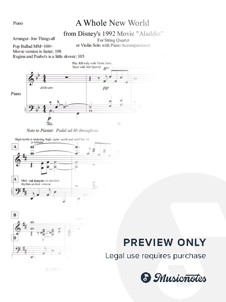 A Whole New World PIANO ACCOMPANIMENT for Violin Solo or String Quartet.  Covers movie soundtrack and Bryson/Belle versions.