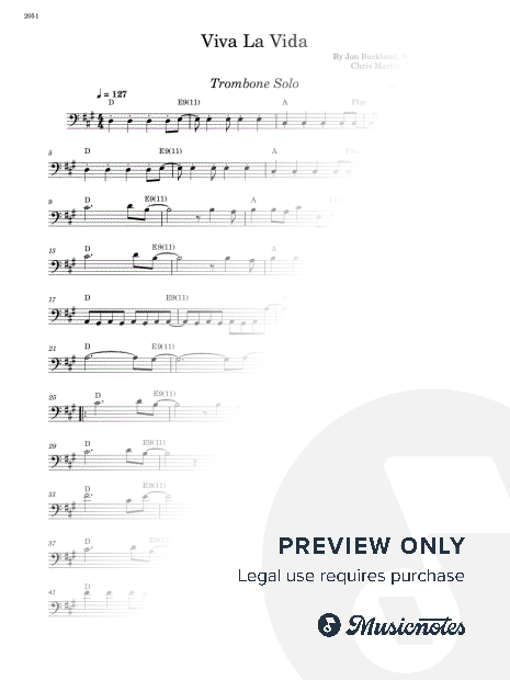 Viva La Vida - Trombone Solo - W/Chords (Full Score)