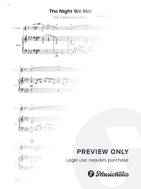 The Night We Met - Bb Clarinet and Piano - W/Chords (Full Score and Parts)