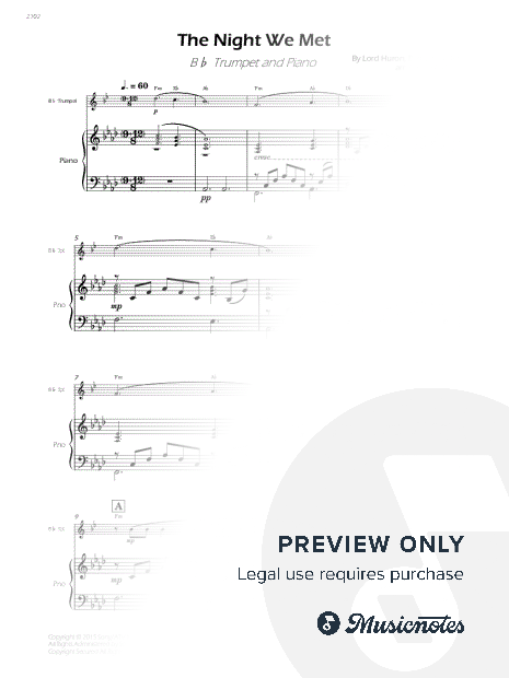 The Night We Met - Bb Trumpet and Piano - W/Chords (Full Score and Parts)