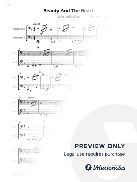 Beauty and the Beast - Cello Duet (Full Score and Parts)