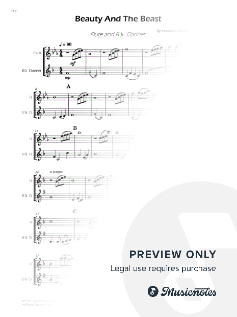 Beauty and the Beast - Flute and Bb Clarinet (Full Score and Parts)