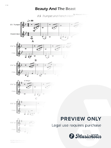 Beauty and the Beast - Bb Trumpet and French Horn (Full Score and Parts)