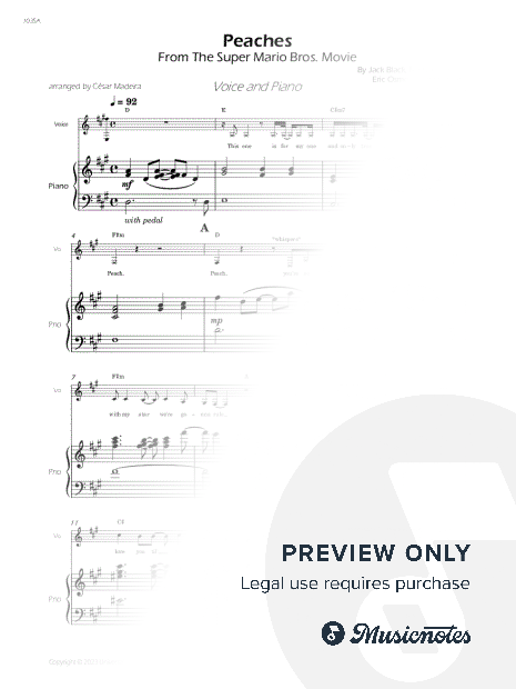 Peaches (from The Mario World Bros) - Voice and Piano (A Major) - W/Chords (Full Score and Parts)