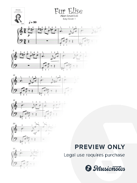 Fur Elise (Grade 1 Allan Small) Easy Simplified Piano Solo Sheet Music for Students with note names