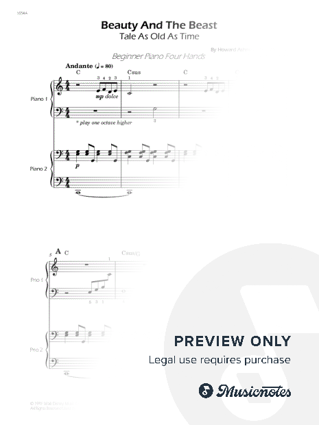 Beauty and the Beast - Easy Piano Four Hands - W/Chords (Full Score and Parts)