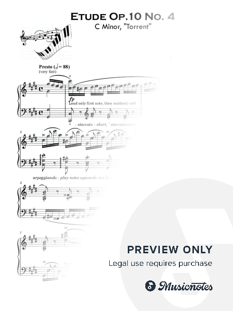Etude Op. 10 No. 4 in C minor 'Torrent' CHOPIN (Advanced) Piano Sheet Music with note names & details