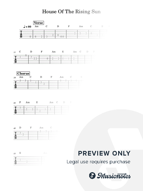 The House of the Rising Sun - Guitar Solo Tab Easy
