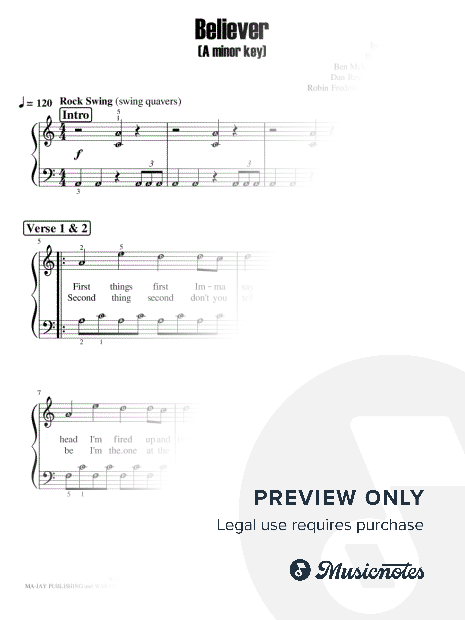 Believer by Imagine Dragons (Grade 1 - 2 ) Easy Piano Sheet Music Score with note names