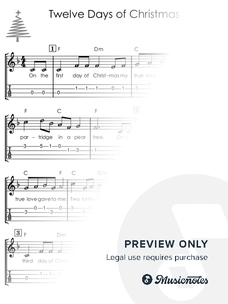 Twelve Days of Christmas I Sheet Music with Letters Chords Lyrics for Beginners