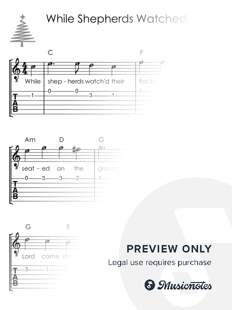 While Shepherds Watched I GUITAR Sheet Music with Letters TAB Chords Lyrics for Beginners