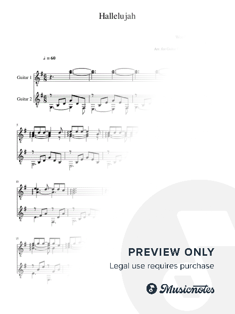 Hallelujah - Words and Music by Leonard Cohen, Arr. for Guitar Duet, updated 2023