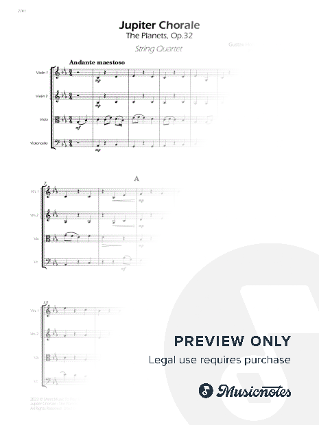 Jupiter Chorale from The Planets - String Quartet (Full Score and Parts)
