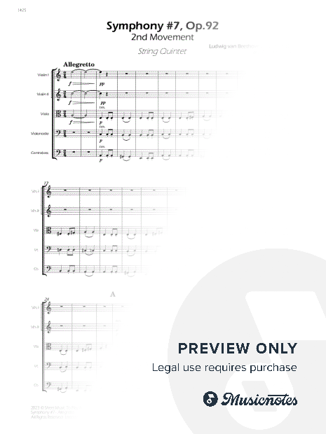 Symphony No.7, Op.92 - Allegretto - String Quintet (Full Score and Parts)