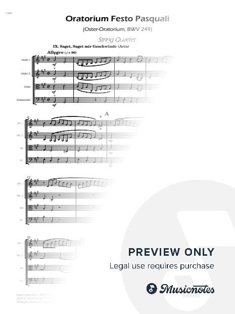 Saget, Saget mir Geschwinde, BWV 249 - String Quartet (Full Score and Parts)