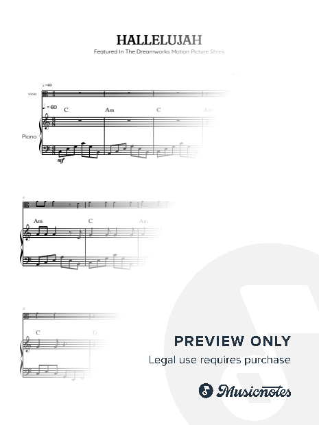 Cohen • Hallelujah from Shrek Soundtrack • viola sheet music with piano accompaniment [chords]