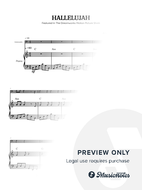 Cohen • Hallelujah from Shrek Soundtrack • cello sheet music with piano accompaniment [chords]