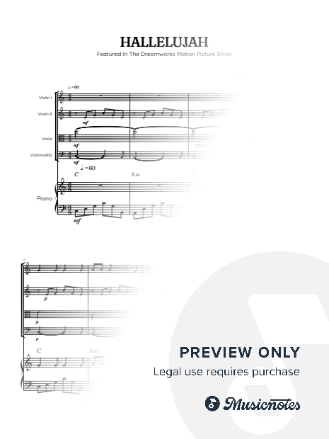 Cohen • Hallelujah from Shrek Soundtrack • string quartet sheet music w/ piano accompaniment [chords]