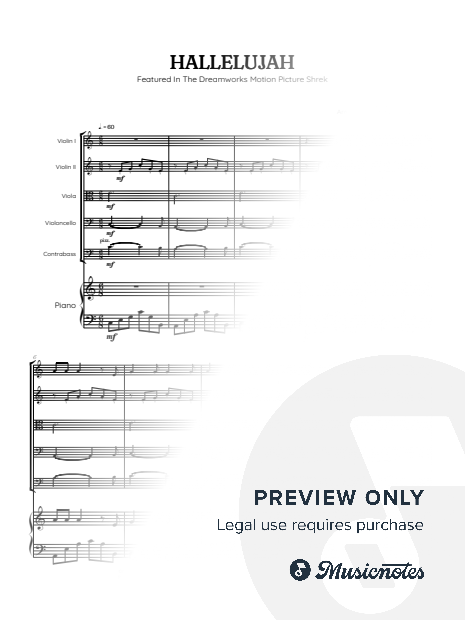 Cohen • Hallelujah from Shrek Soundtrack • string quintet sheet music w/ piano accompaniment