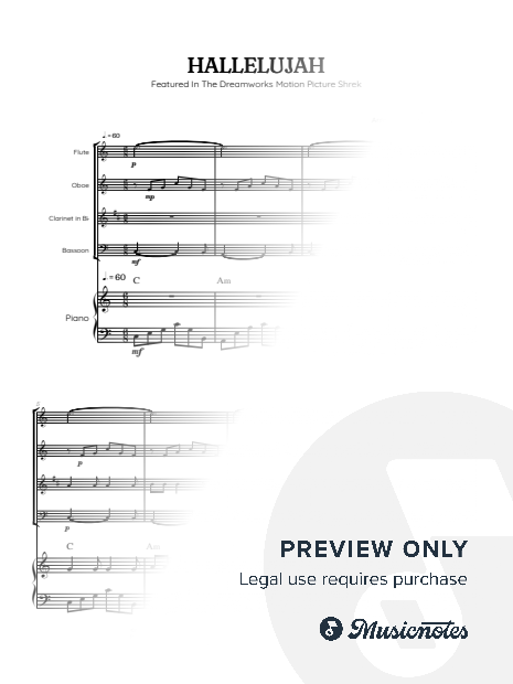 Cohen • Hallelujah from Shrek Soundtrack • woodwind quartet sheet music w/ piano accompaniment [chords]