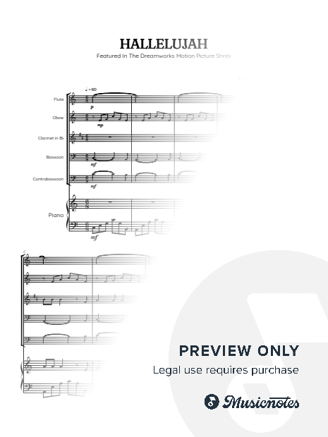 Cohen • Hallelujah from Shrek Soundtrack • woodwind quintet sheet music w/ piano accompaniment