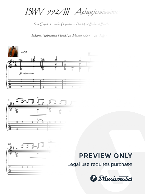 Bach for Guitar BWV 992 Adagiosissimo Classical guitar solo score