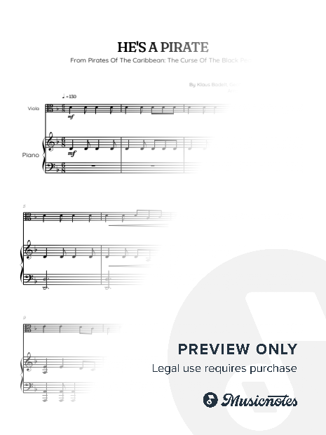 He's a Pirate • Pirates of the Caribbean | viola sheet music w/ piano accompaniment