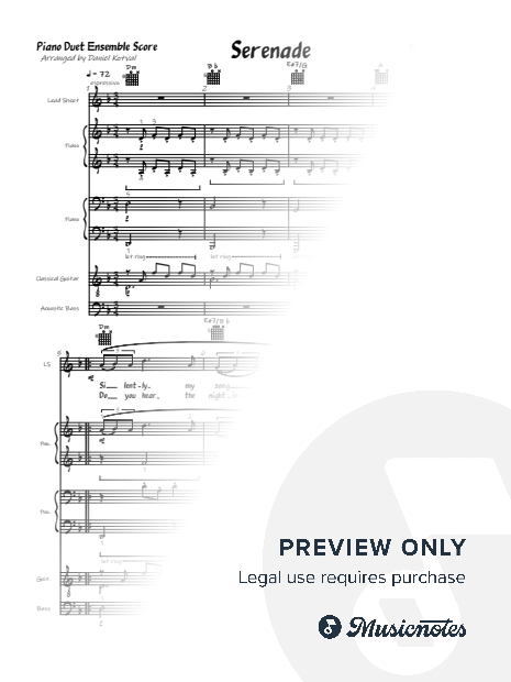 Serenade by Schubert for Piano Duet, Violin, Guitar, Bass, Lead Sheet with English Lyrics Score and Parts
