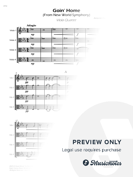 Goin' Home (New World Symphony) - Viola Quartet