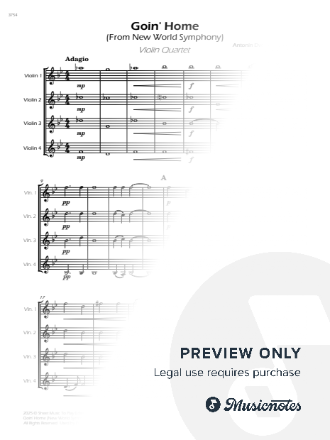 Goin' Home (New World Symphony) - Violin Quartet