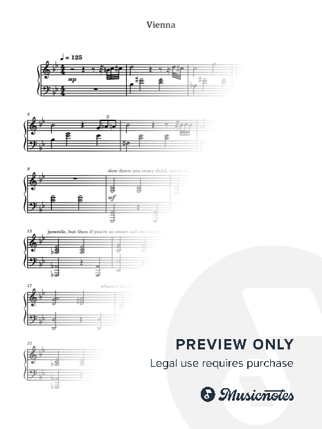 Vienna, Billy Joel, for Piano Accompaniment, With Lyrics Sheet Music — Piano Solo