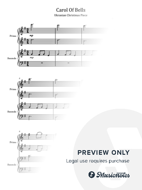 Carol Of The Bells, Ukranian Christmas Piece, for Piano four hands