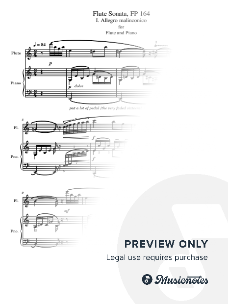 Francis Poulenc, Flute Sonata, FP 164, I. Allegro malinconico, for Flute and Piano Original