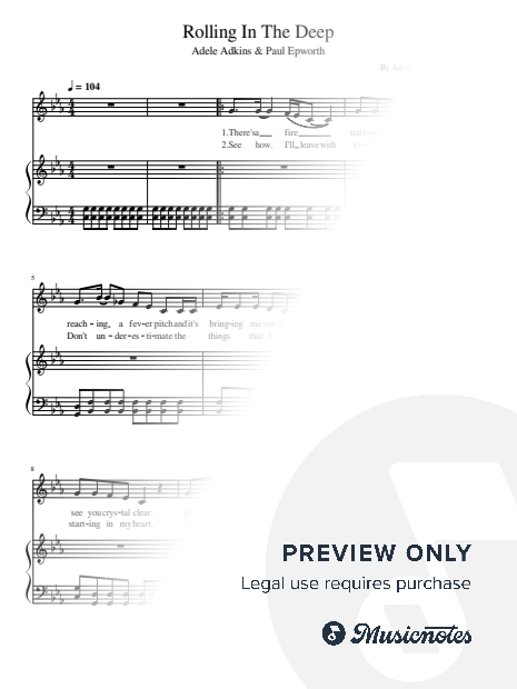 Rolling in the Deep, Adele, for Piano and Vocal With Lyrics
